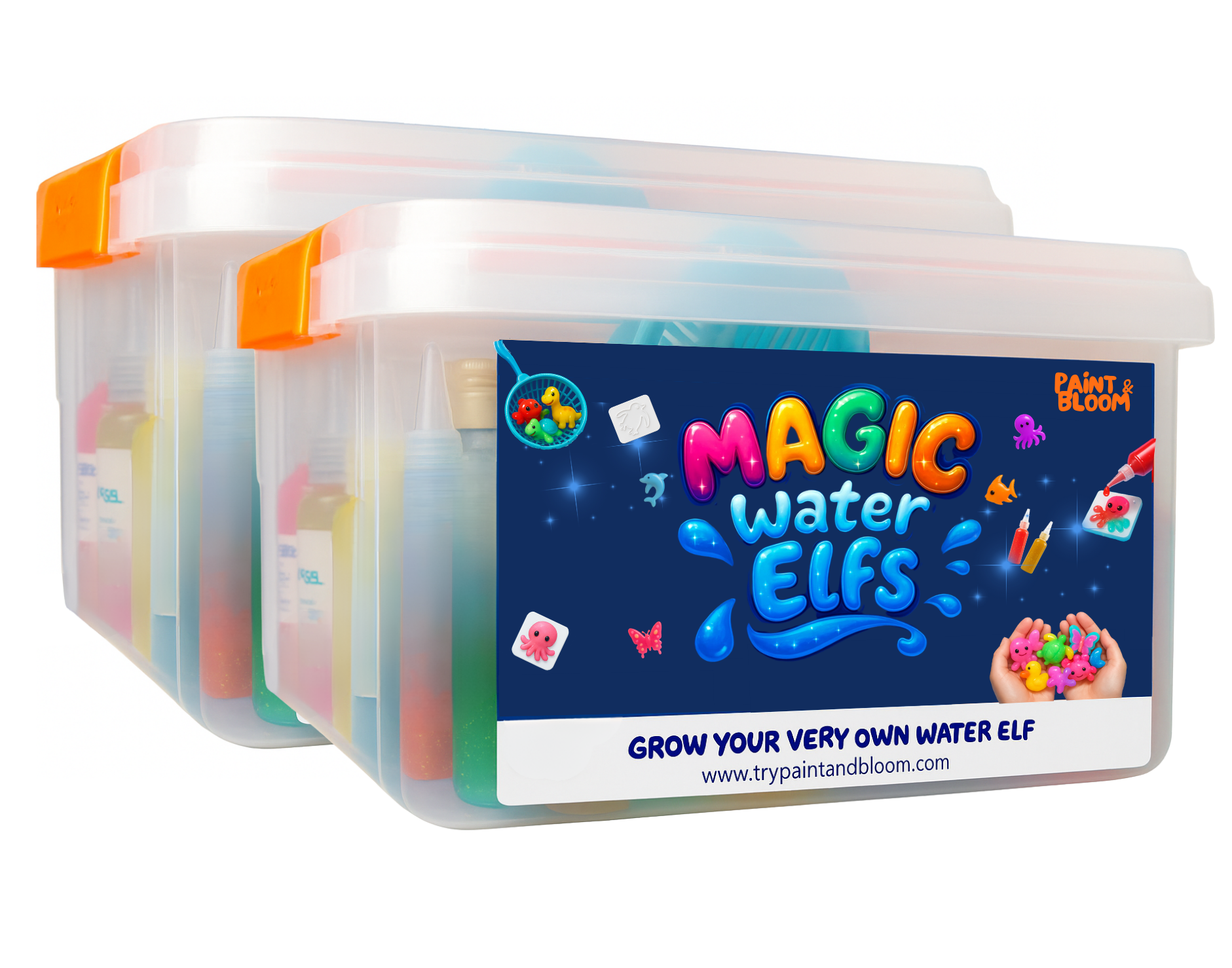 Container of Magic Water Elves with colorful packaging on a white background-fr-de-nl-es-da-it