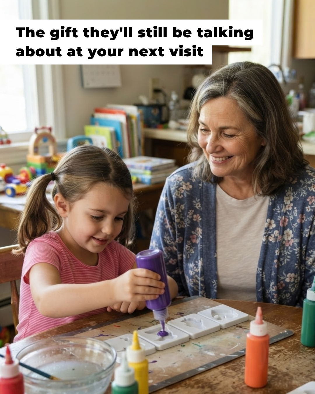 Grandmother watching her granddaughter make water creatures with the Magic Water Elf Kit